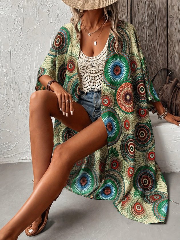 Kadın Kısa Kollu önü Açık Belden Kuşaklı Uzun Kimono, 35446