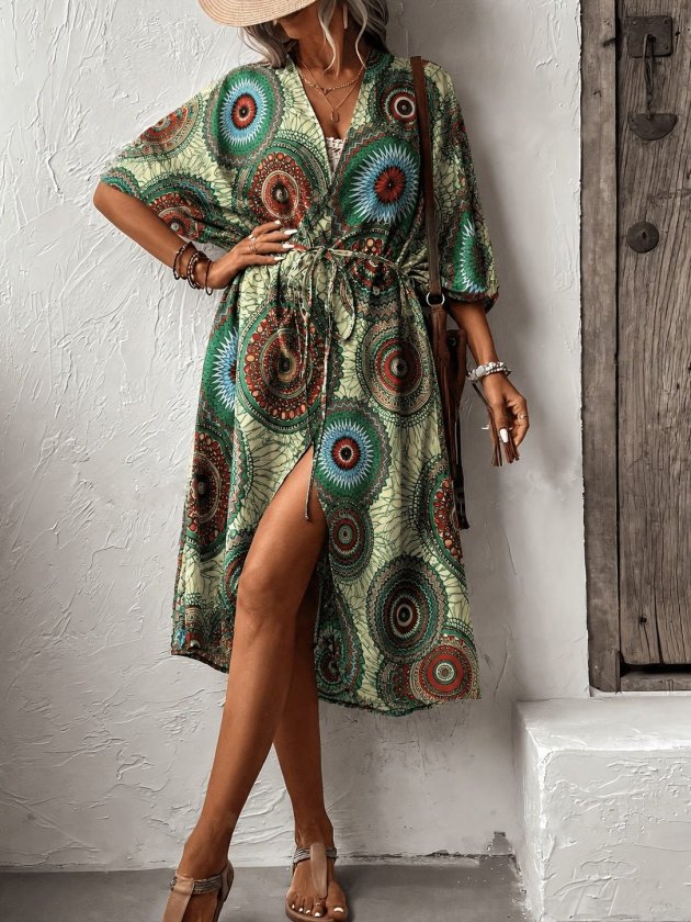 Kadın Kısa Kollu önü Açık Belden Kuşaklı Uzun Kimono, 35446