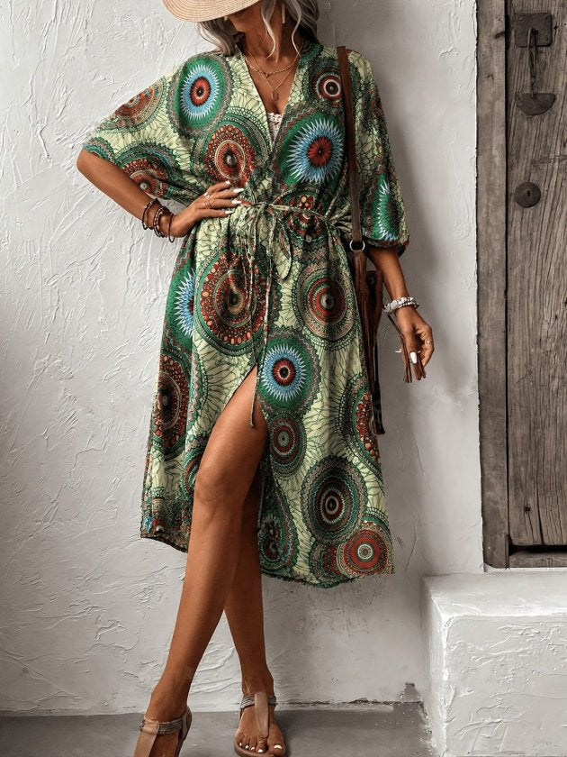 Kadın Kısa Kollu önü Açık Belden Kuşaklı Uzun Kimono, 37196