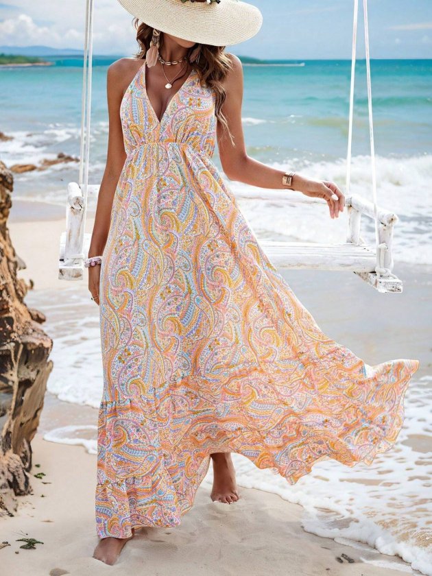 Kadın Ip Askılı V Yakalı Sırtı Açık Boyundan Bağlamalı Uzun Desenli Süprem Elbise, 35710