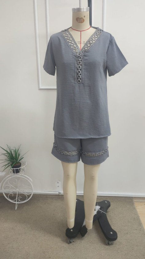 Kadın Kısa Kollu V Yakalı Bluz Ve Short Ikili Takım, 37649