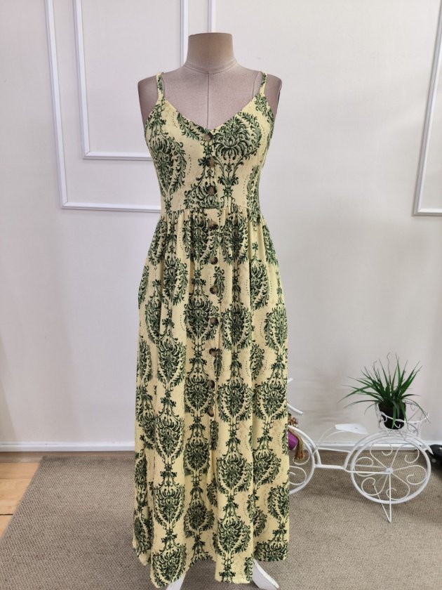 Kadın Ip Askılı V Yakalı önden Düğmeli Desenli Uzun Süprem Elbise, 35741