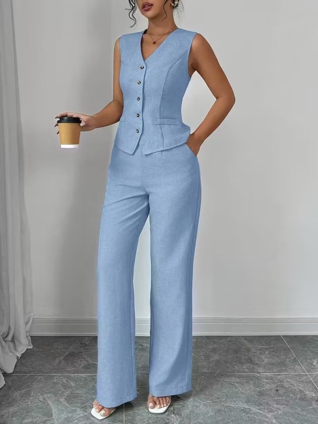 Kadın Askılı önden Düğmeli Bluz Ve Pantolon Keten Ikili Takım, 36731