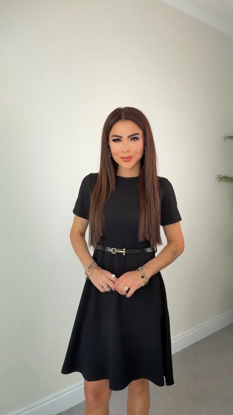 Kadın Kısa Kollu Belden Kemerli Modal Elbise, 36732