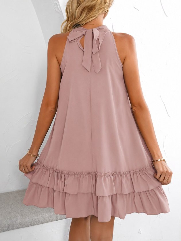 Kadın Omuzlardan Açık Boyundan Bağlı Damla Detaylı Fırfırlı Kısa Sandy Elbise, 36916