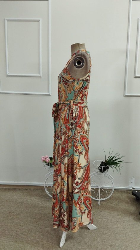 Kadın Omuzlardan Açık Halter Yakalı Yırtmaçlı çiçek Desenli Süprem Elbise , 36951