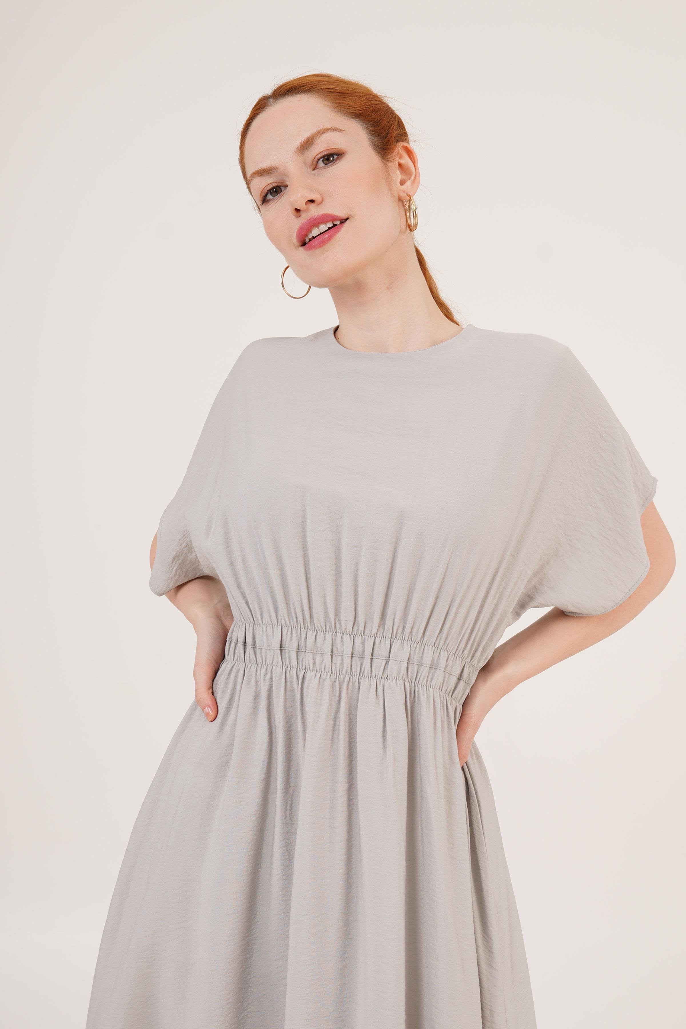 Bel Lastikli Yarasa Kol Maxi Toptan Gri Elbise