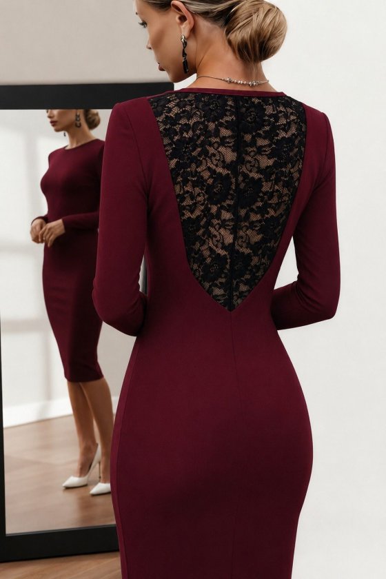 Kadın Uzun Kollu Sırttan Dantel Detaylı Midi Ithal Krep Elbise, 37726