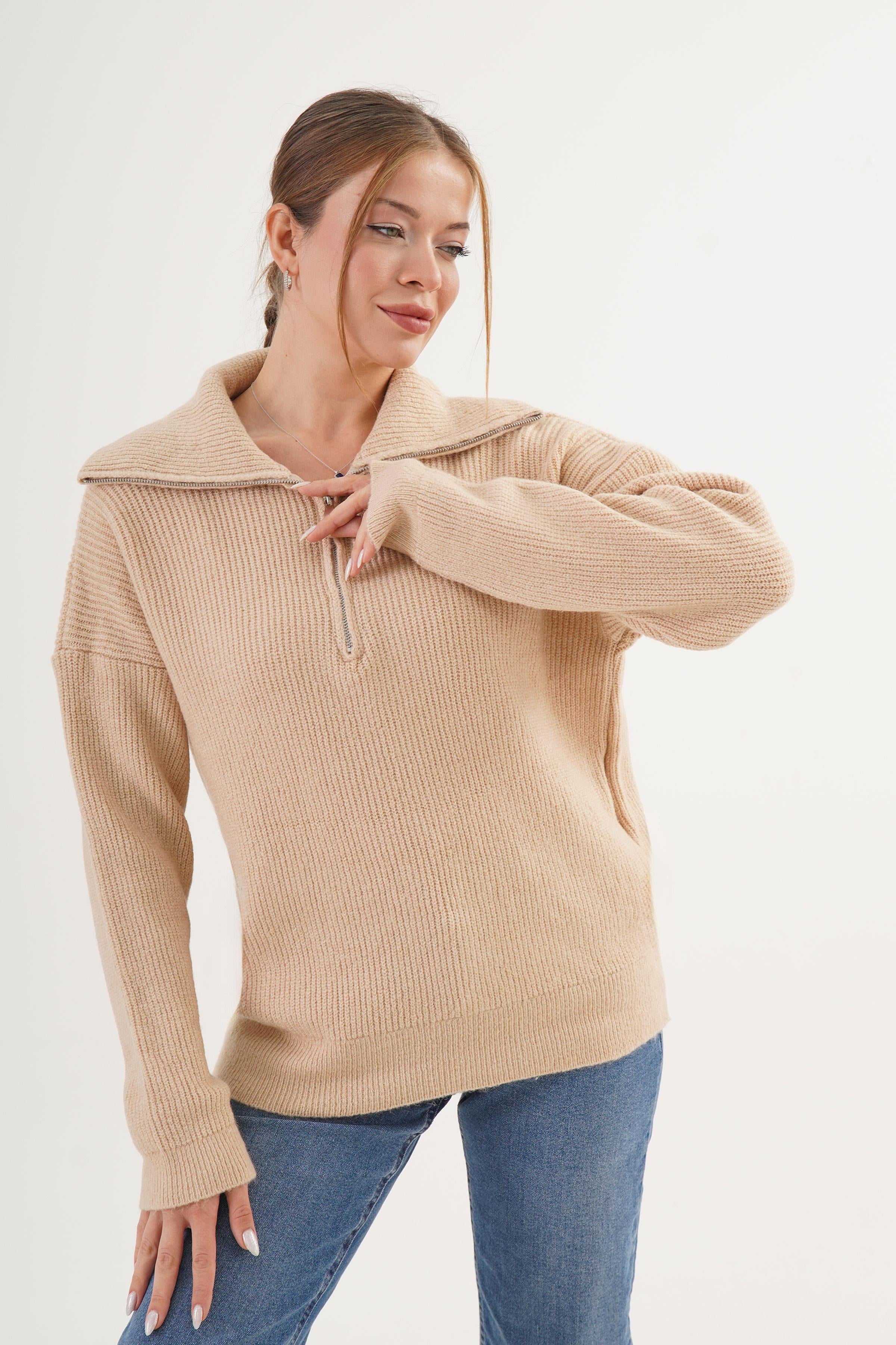 Fermuar Yakalı Selanik Örme Camel Toptan Kazak