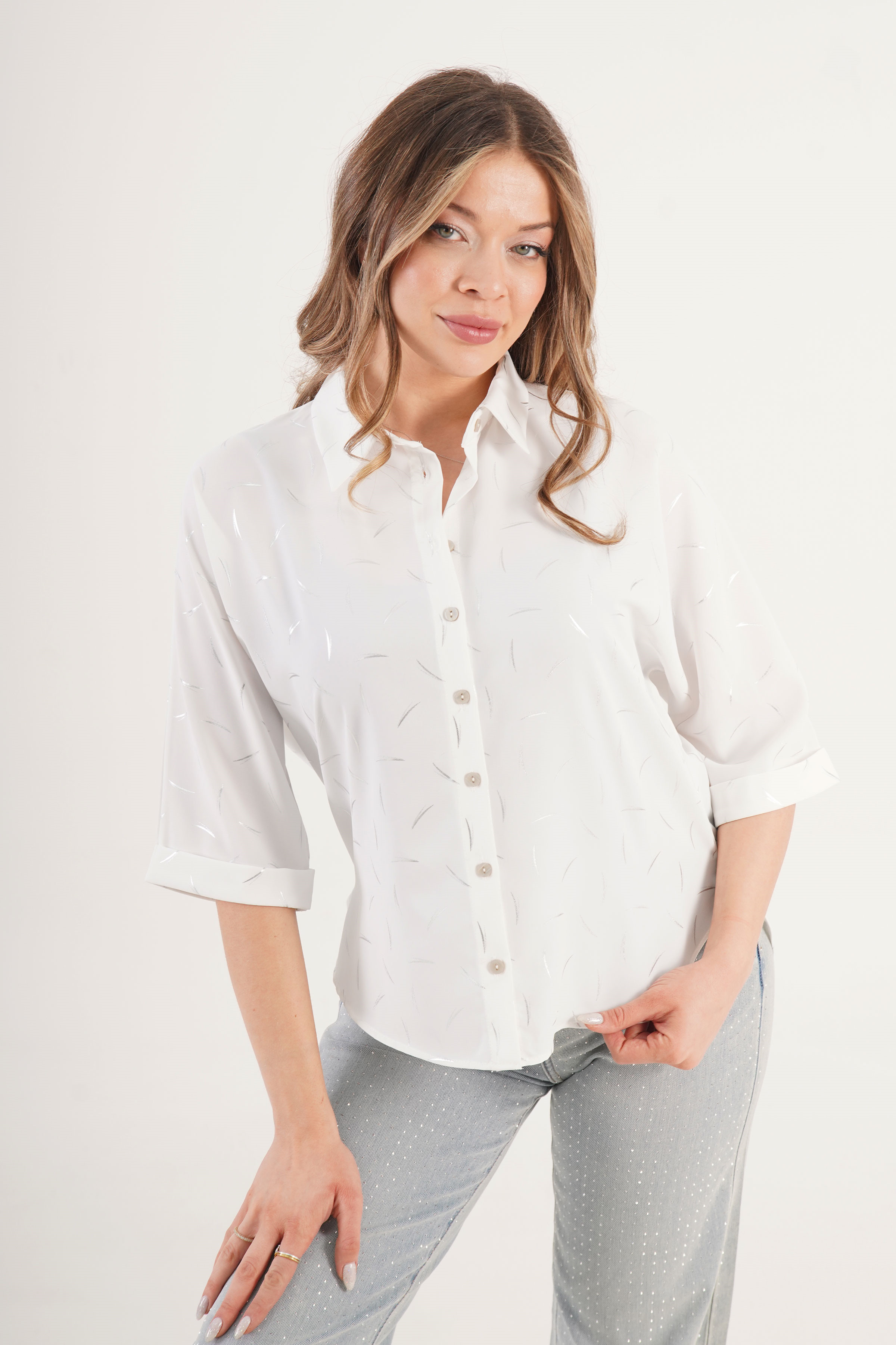 Desenli Yarım Kol Toptan Beyaz Gömlek Beyaz S