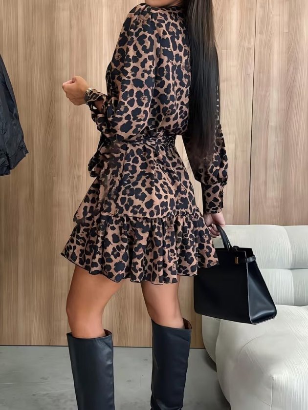Kadın Uzun Kollu Kruvaze Yakalı Belden Bağcıklı Kısa Leopar Desenli Modal Elbise, 38487
