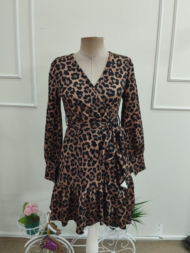 Kadın Uzun Kollu Kruvaze Yakalı Belden Bağcıklı Kısa Leopar Desenli Modal Elbise, 38487