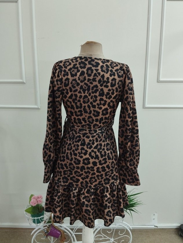 Kadın Uzun Kollu Kruvaze Yakalı Belden Bağcıklı Kısa Leopar Desenli Modal Elbise, 38487