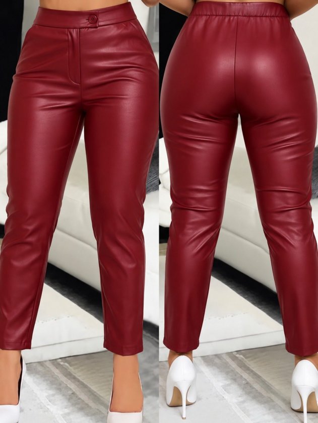Kadın Yüksek Bel Cepli Deri Pantolon, 38604