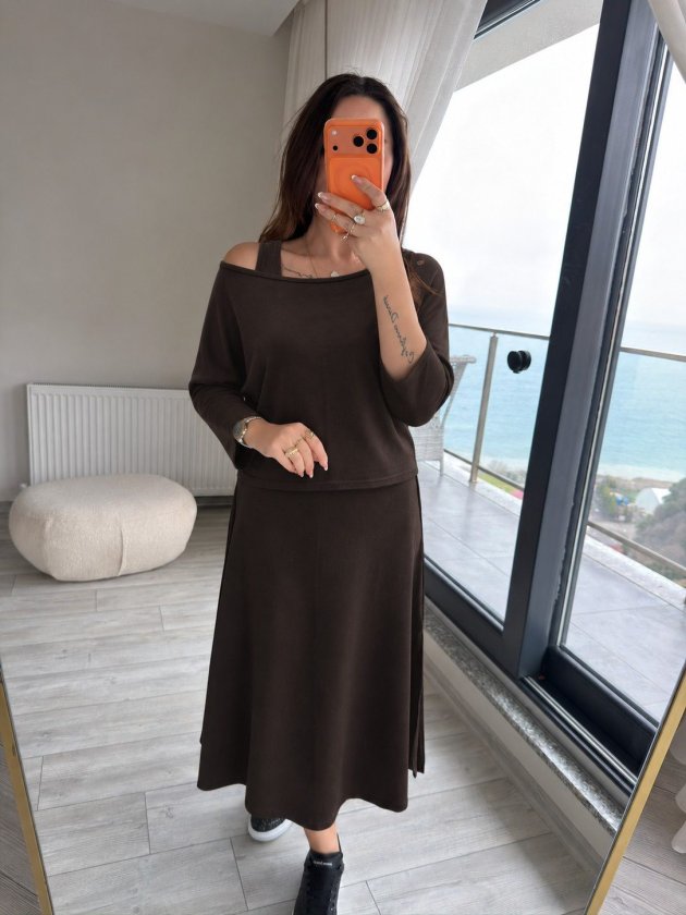 Kadın Uzun Kollu Tek Omuzdan Açık Viskon Iki Iplik Bluz Ve Askılı  Yırtmaçlı Midi Elbise, 38684