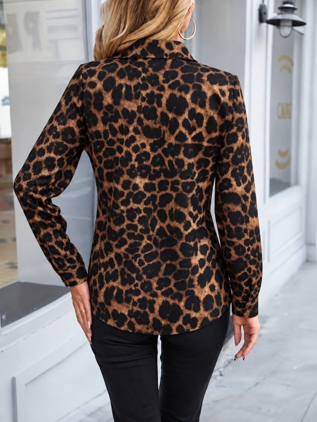 Kadın Uzun Kollu Yakalı önden Düğmeli Leopar Desenli Modal Gömlek Bluz, 38722