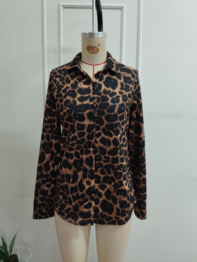 Kadın Uzun Kollu Yakalı önden Düğmeli Leopar Desenli Modal Gömlek Bluz, 38722