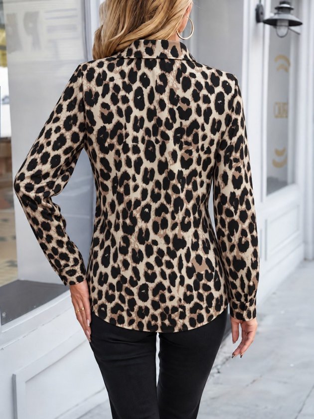 Kadın Uzun Kollu Yakalı önden Düğmeli Leopar Desenli Modal Gömlek Bluz, 38723