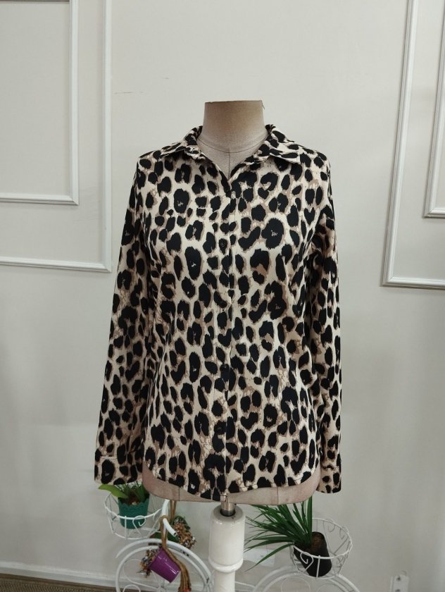 Kadın Uzun Kollu Yakalı önden Düğmeli Leopar Desenli Modal Gömlek Bluz, 38723