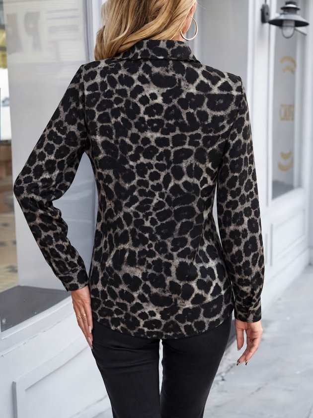 Kadın Uzun Kollu Yakalı önden Düğmeli Leopar Desenli Modal Gömlek Bluz, 38724