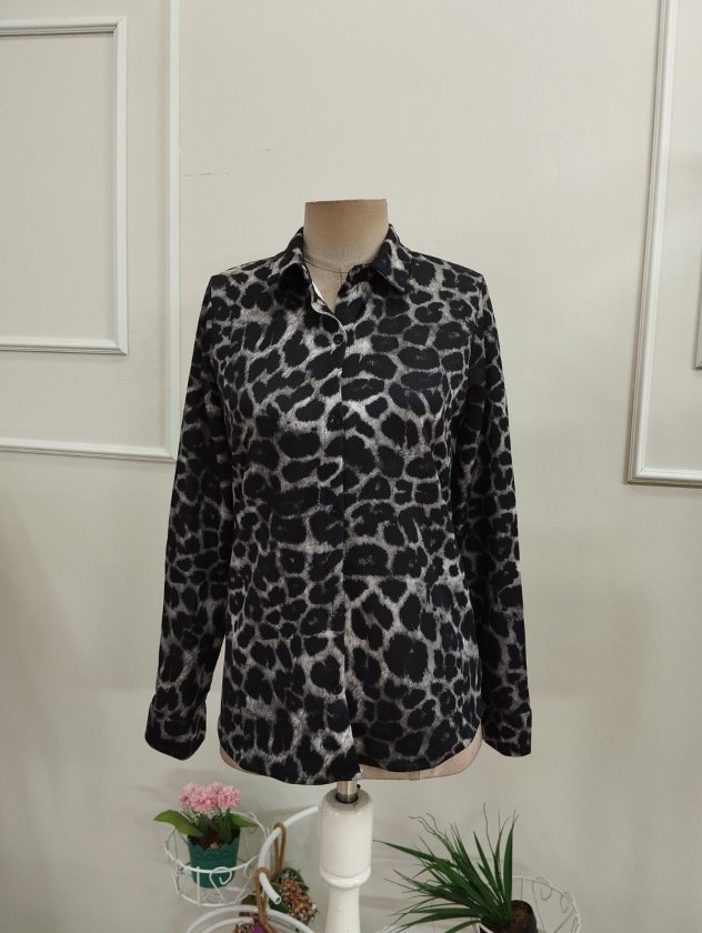 Kadın Uzun Kollu Yakalı önden Düğmeli Leopar Desenli Modal Gömlek Bluz, 38724