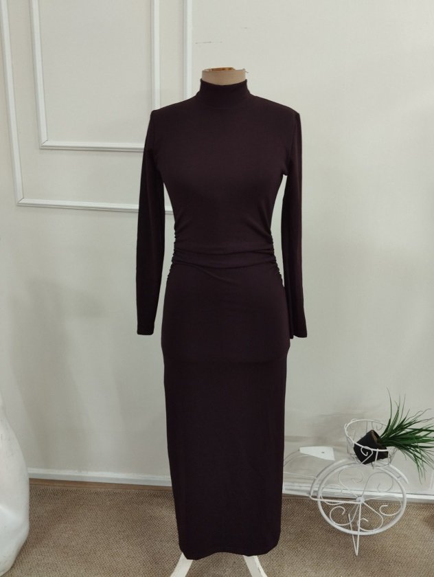 Kadın Uzun Kollu Balıkçı Yakalı Beli Büzgülü Uzun Modal Elbise, 38876
