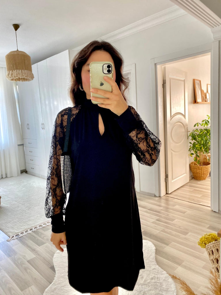Kadın Uzun Kollu Damla Detaylı Sandy Mini Elbise, 37448