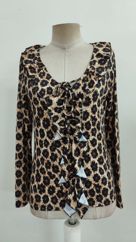 Kadın Uzun Kollu V Fırfır Yakalı Bağcıklı Leopar Desenli Süprem Bluz, 39087
