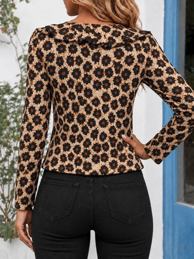 Kadın Uzun Kollu V Fırfır Yakalı Bağcıklı Leopar Desenli Süprem Bluz, 39087