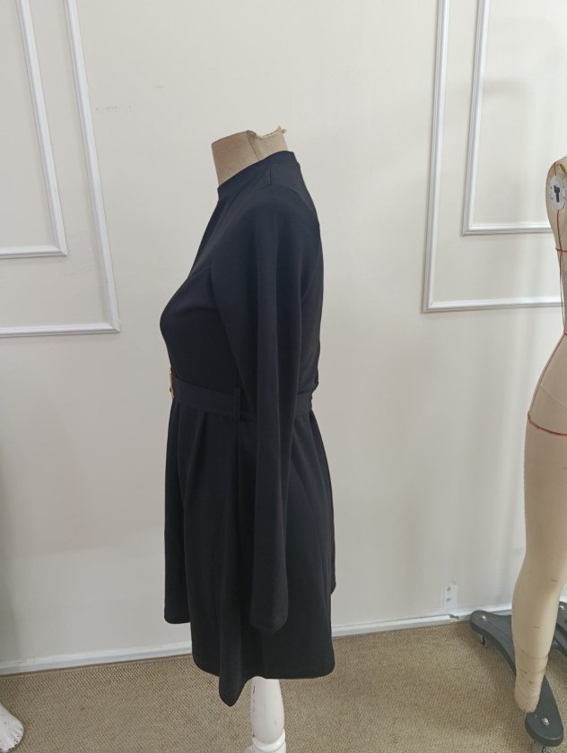 Kadın Uzun Kollu Yarı Balıkçı Yakalı Belinde Toka Detaylı Kısa Modal Elbise, 39225