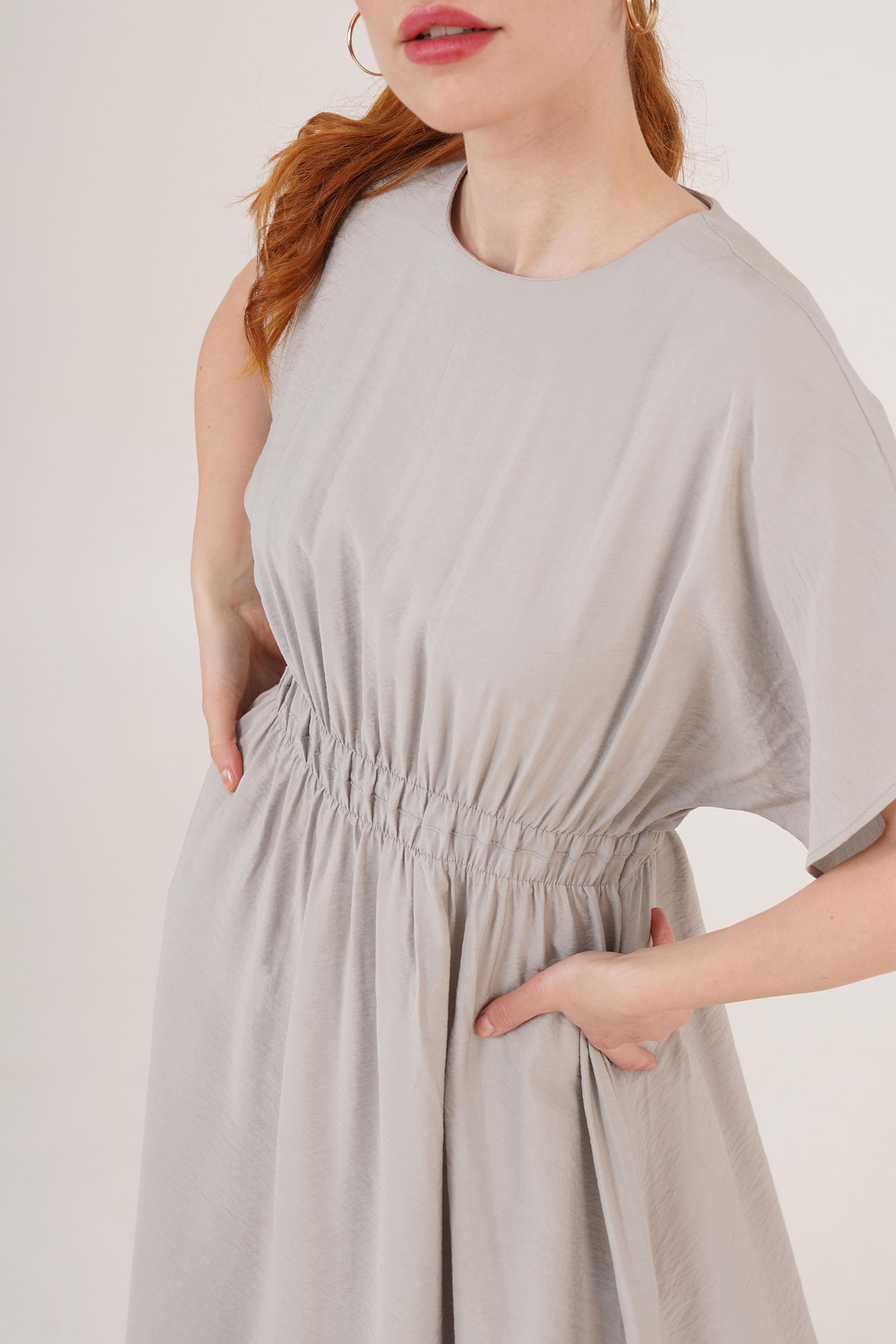 Bel Lastikli Yarasa Kol Maxi Toptan Gri Elbise