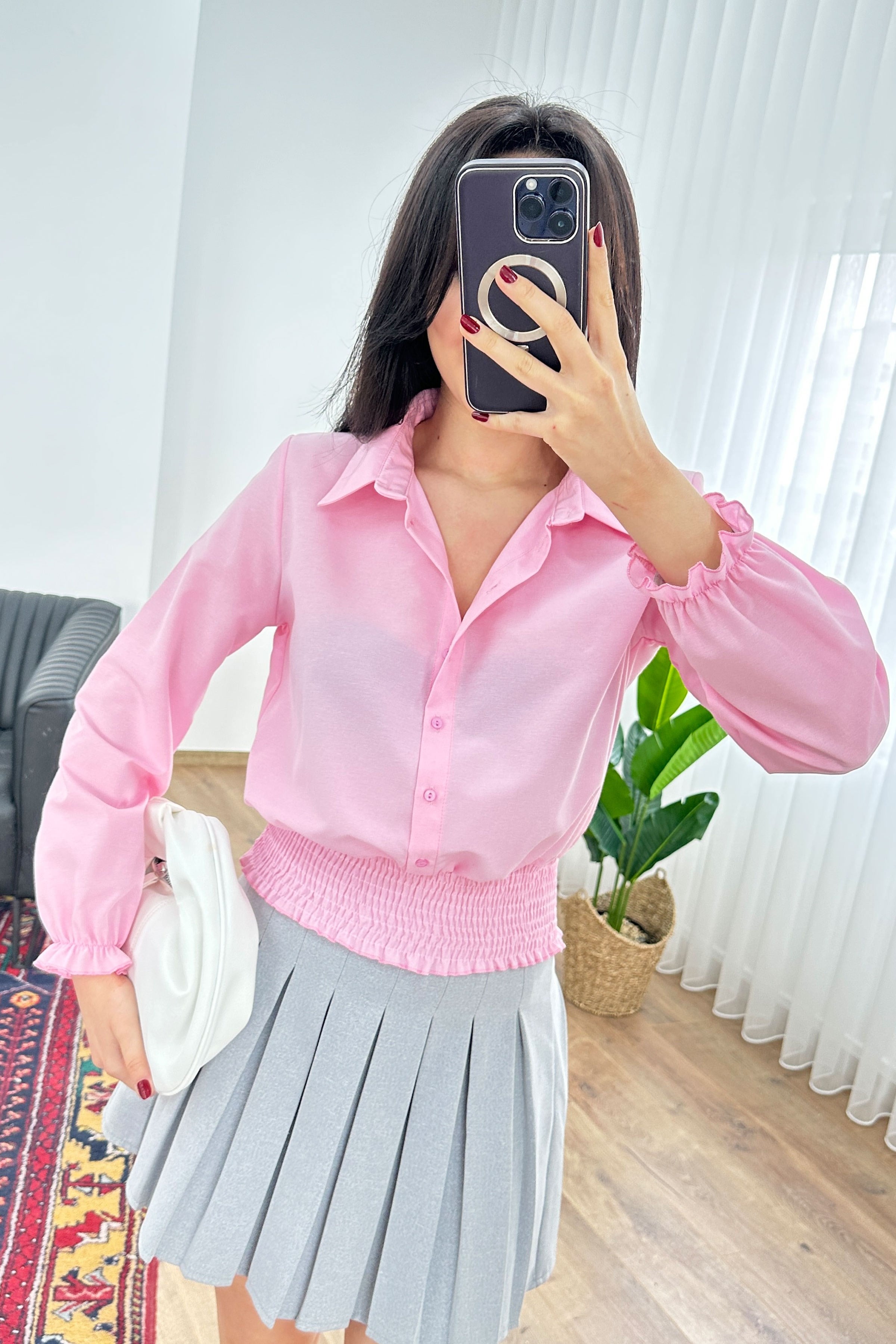 Eteği Gipeli Düğmeli Pembe Toptan Gömlek Pembe S