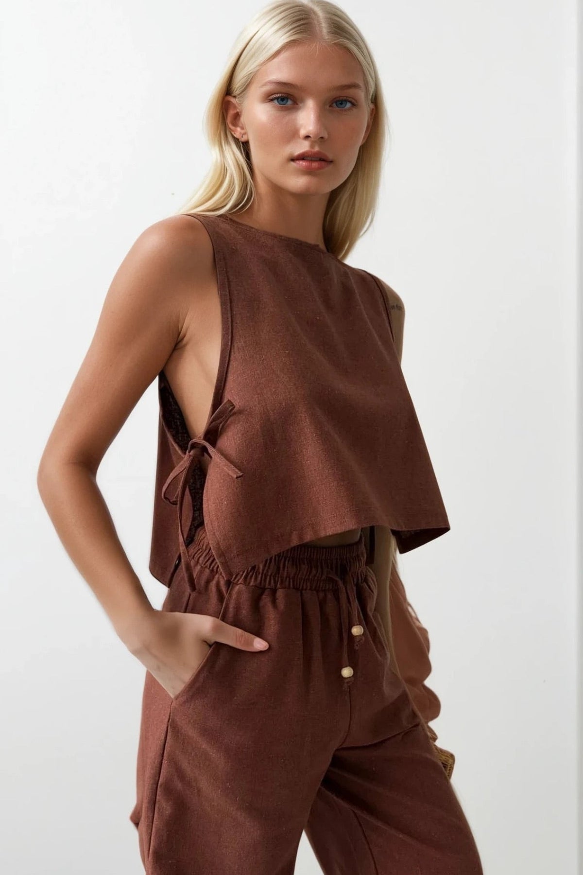 Beli Bağcıklı Düz Kesim Pantolon - Kahverengi