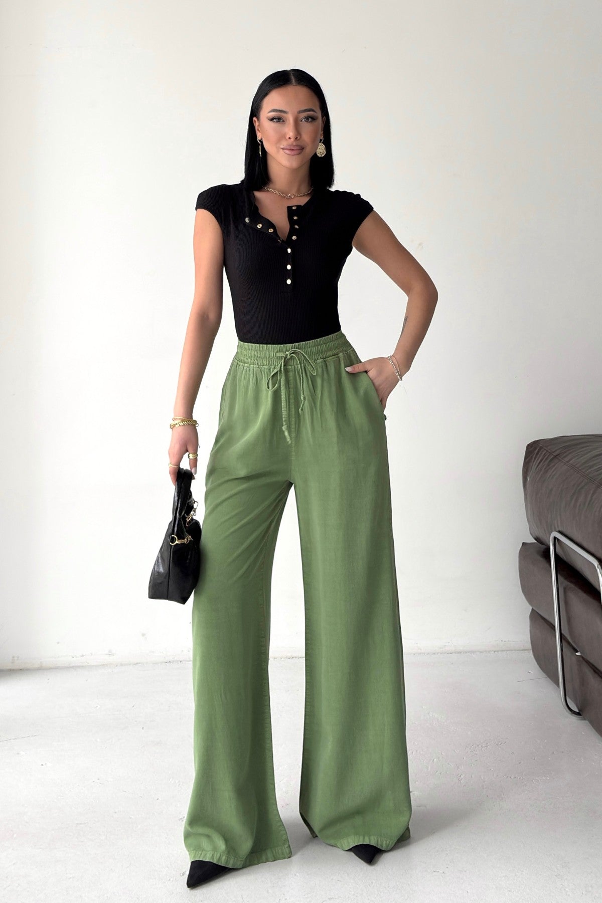Lastikli Palazzo Pantolon HS708 - Açık Fıstık - (S-XL) - 3