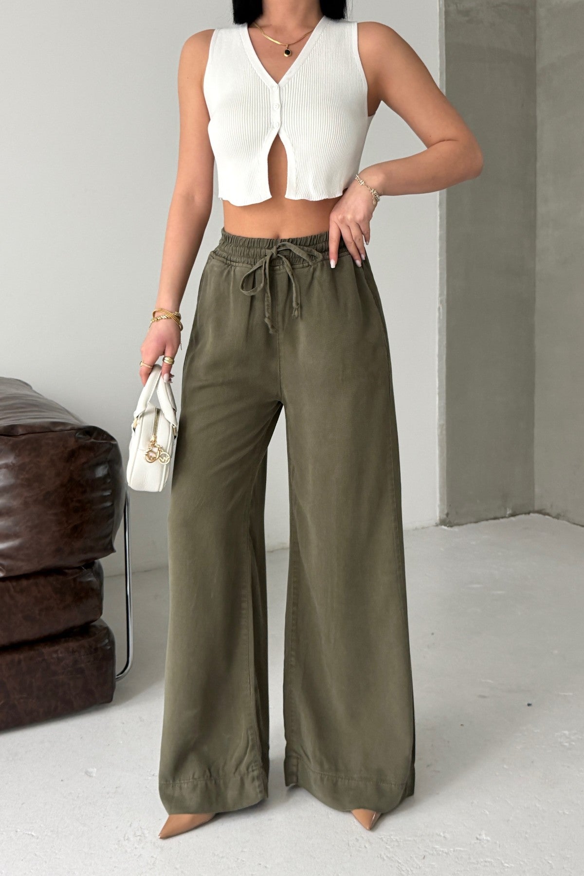 Lastikli Palazzo Pantolon 7150 - Haki - (36-42-4) - 3