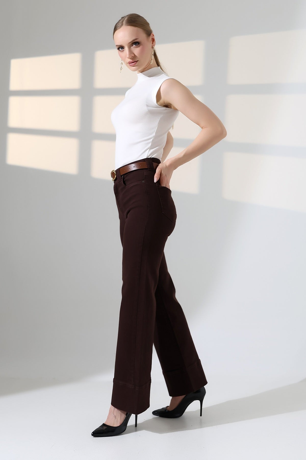 Paça Detaylı Palazzo Kot Pantolon 7164 - Kahverengi - (27-32) - 3