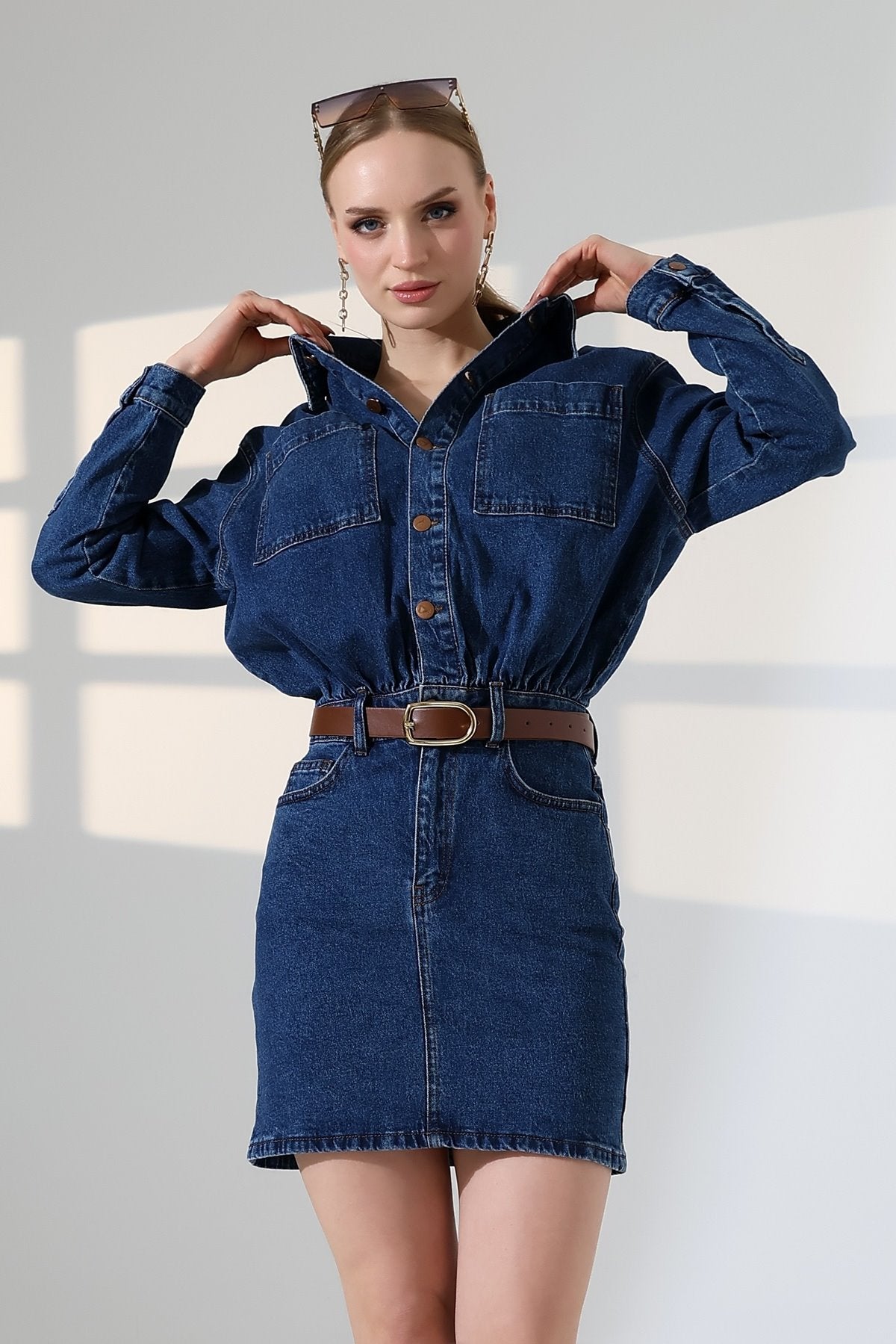 Düğmeli Mini Kot Elbise 3027