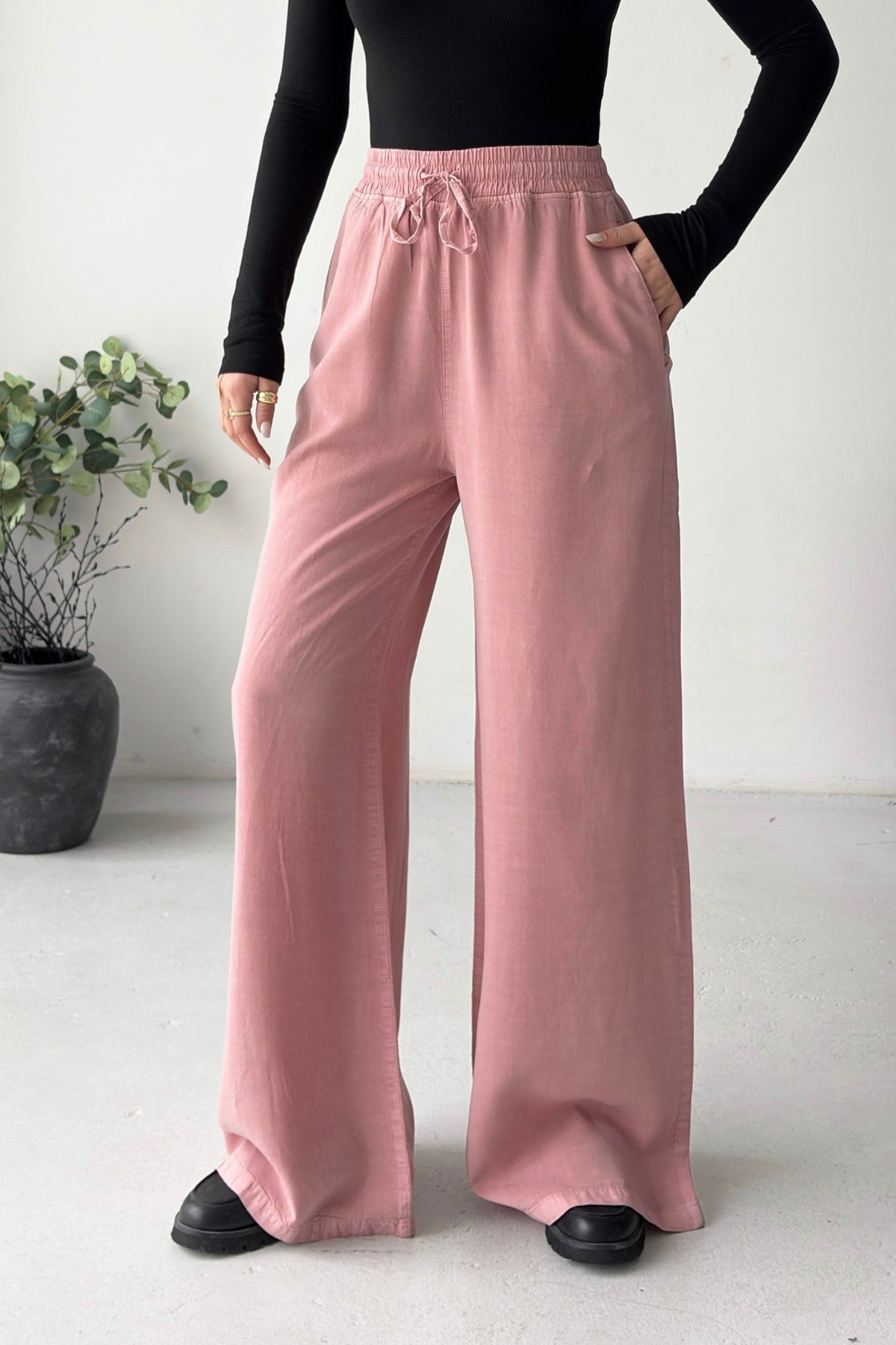 Lastikli Palazzo Pantolon HS708 - Gül Kurusu - (S-XL) - 3