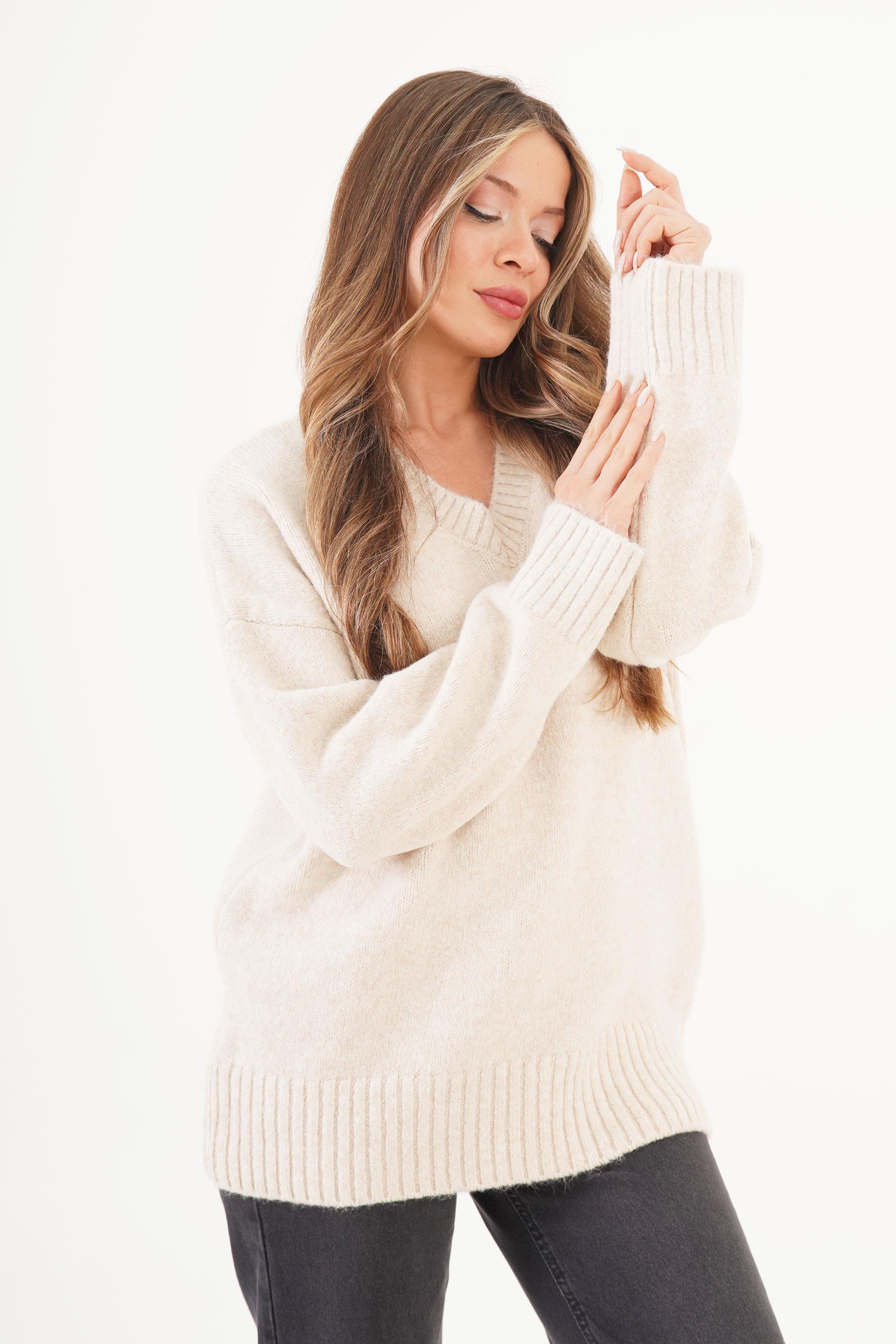 V Yaka Kalın Ribanalı Toptan Taş Kazak