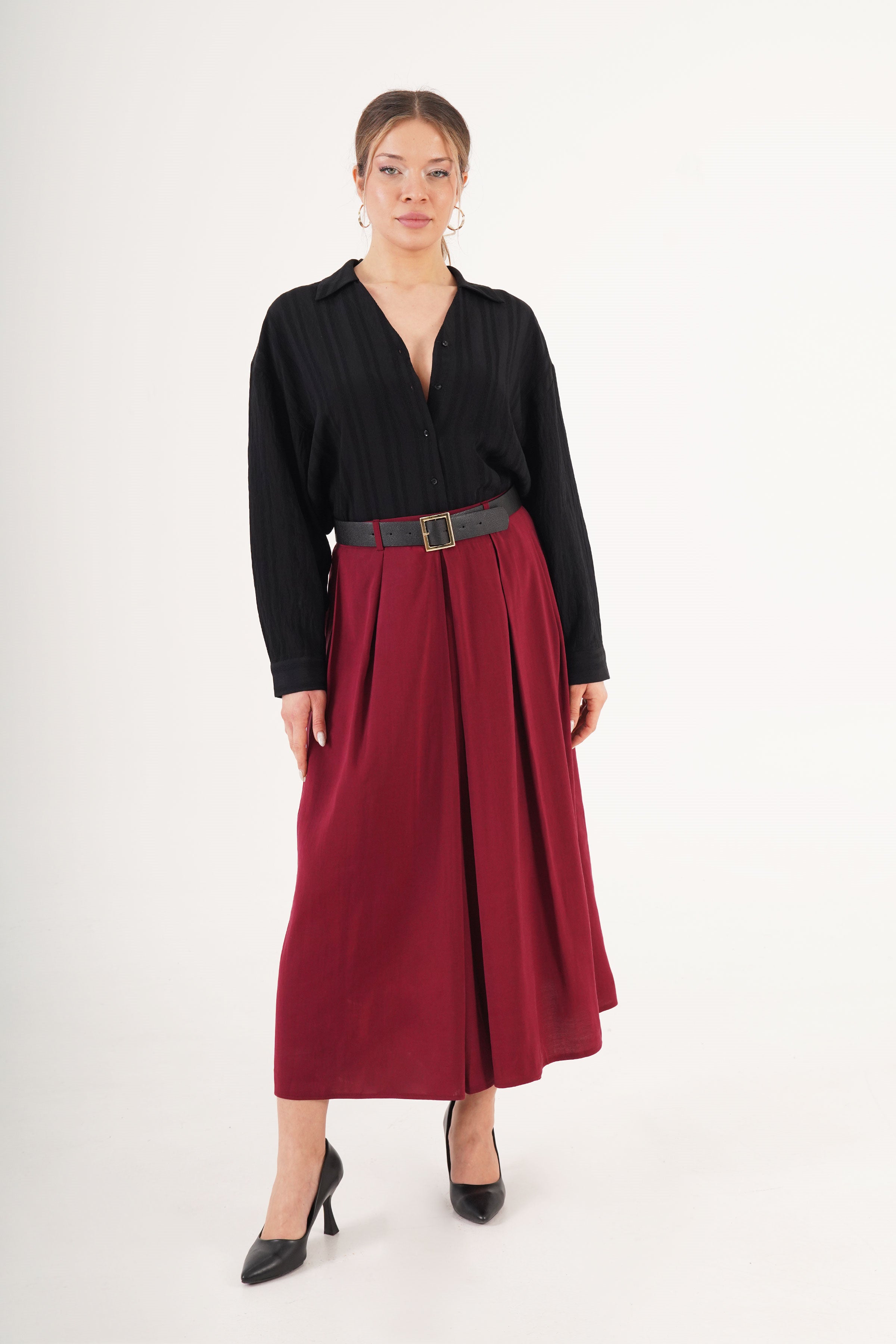 Kemerli Pilili Bordo Midi Toptan Etek Bordo S