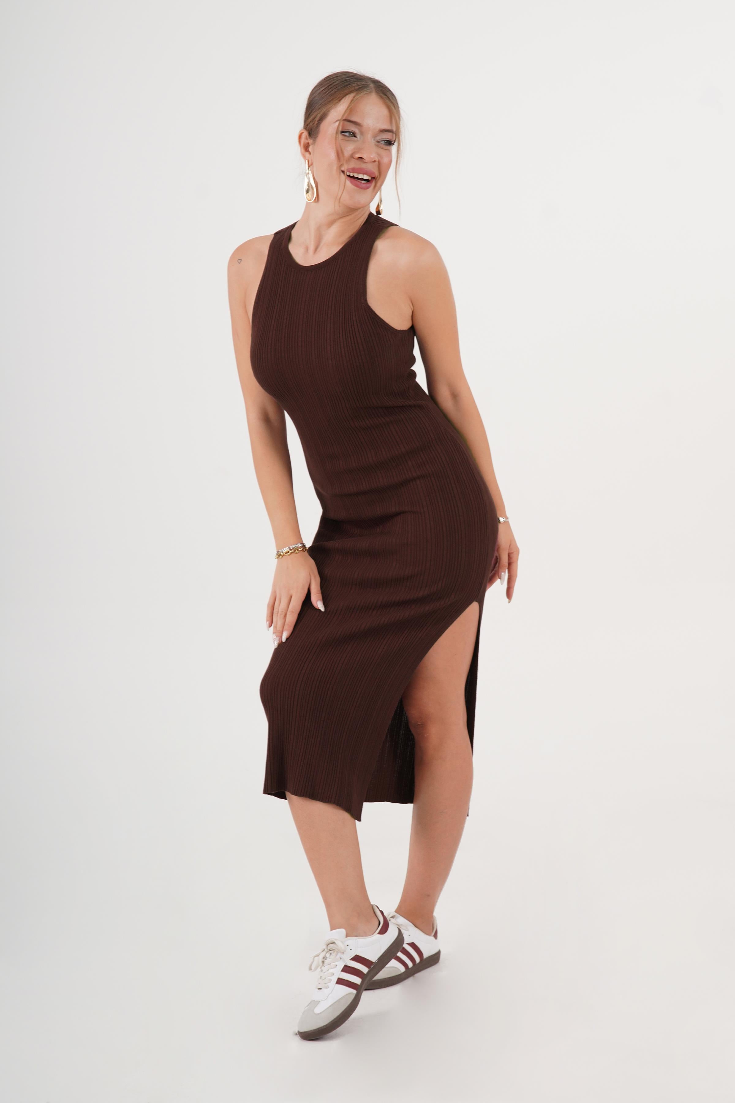 Halter Yaka Mevsimlik Bordo Toptan Triko Elbise