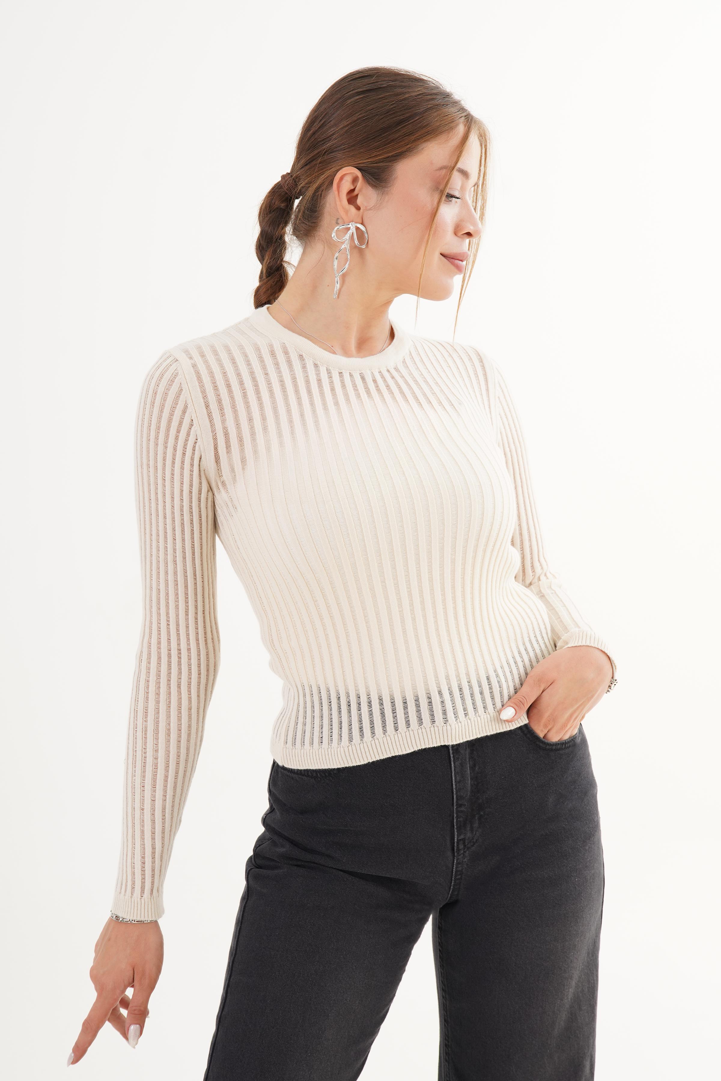 Transparan Bisiklet Yaka Taş Triko Body Taş STD