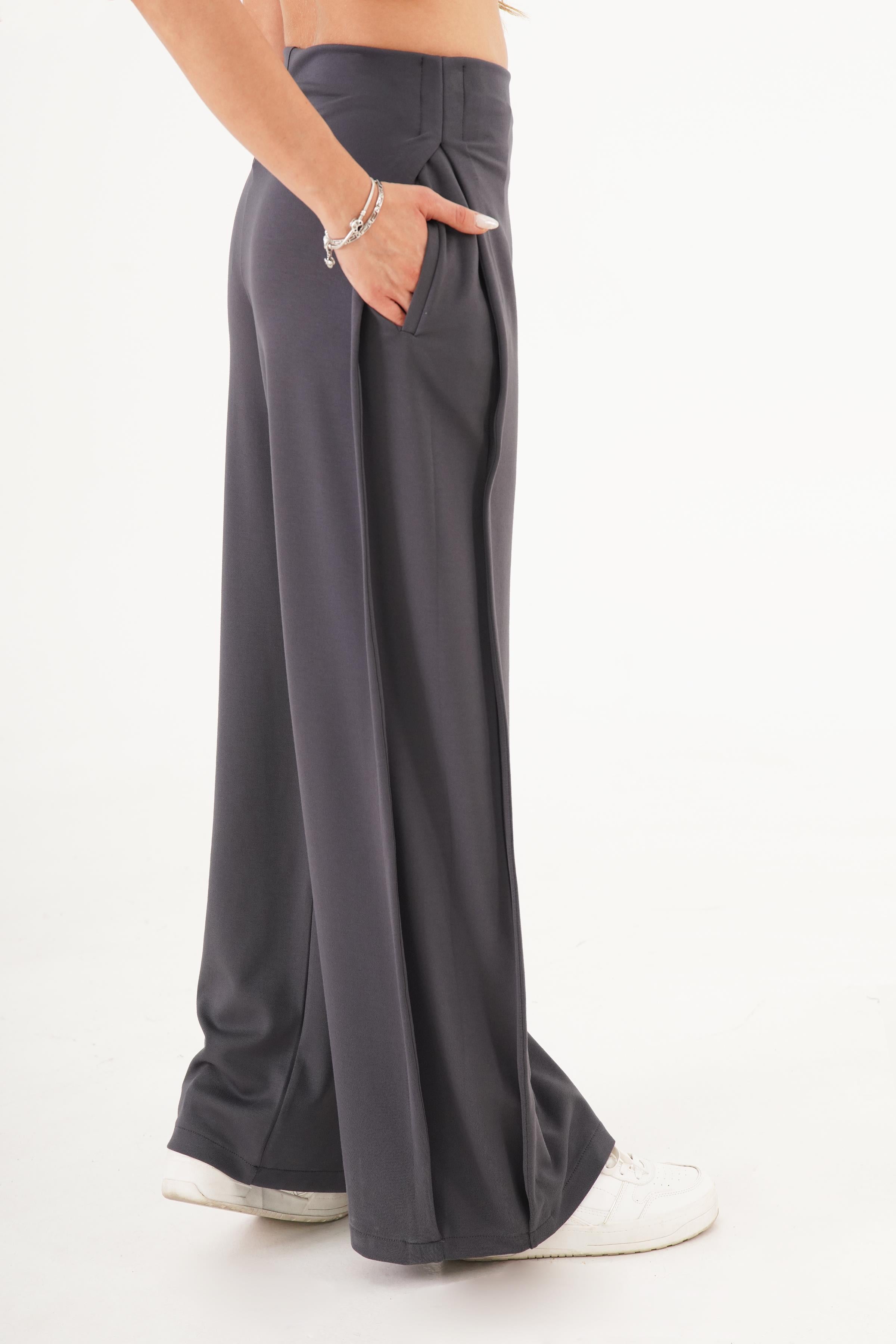 Yan Boydan Pileli Yüksek Bel Antrasit Spor Pantolon Antrasit S