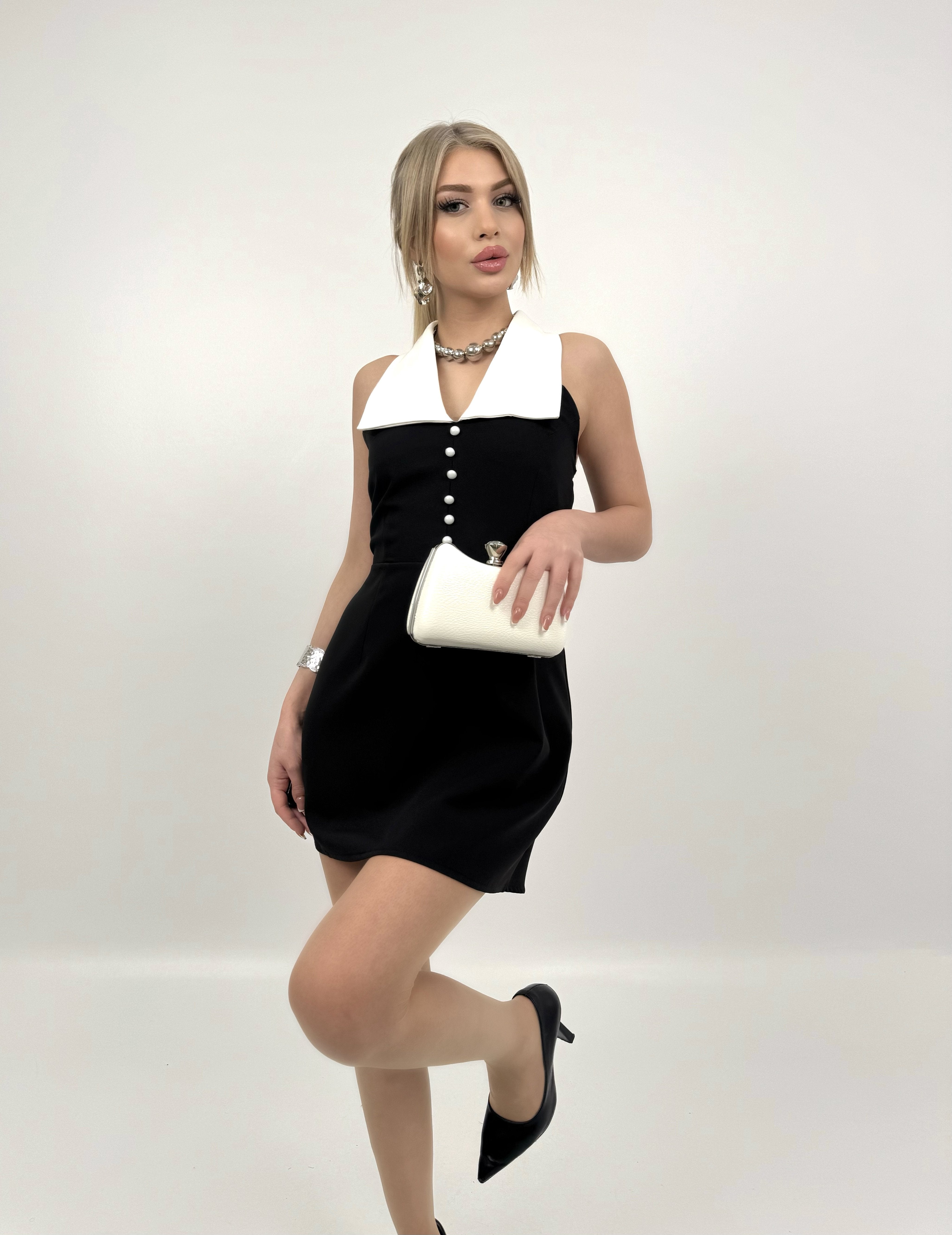 4007 ŞAL YAKA SIRT FİYONK DETAYLI KISA ELBİSE