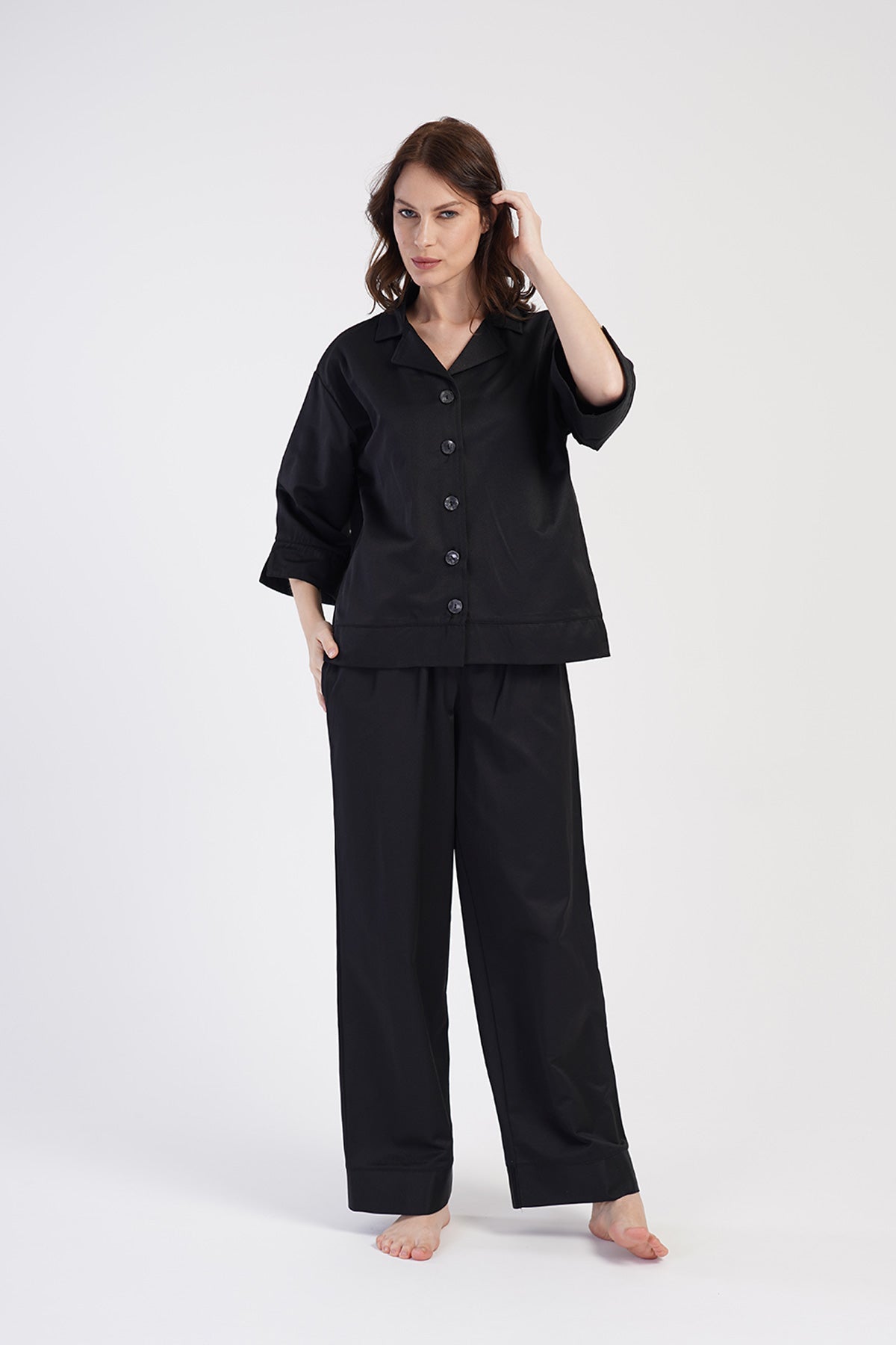 KADIN OXFORD GOMLEK YAKA TAMAMI DUGMELI 7/8KOL CEPLI PIJAMA TAKIM