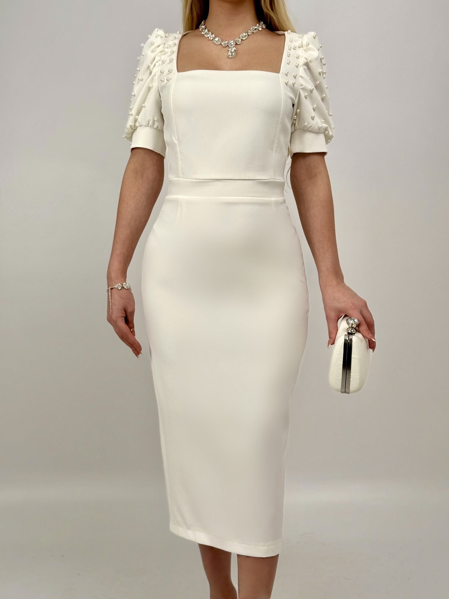 4027 Pearl-Embellished Puff Sleeve Midi Dress