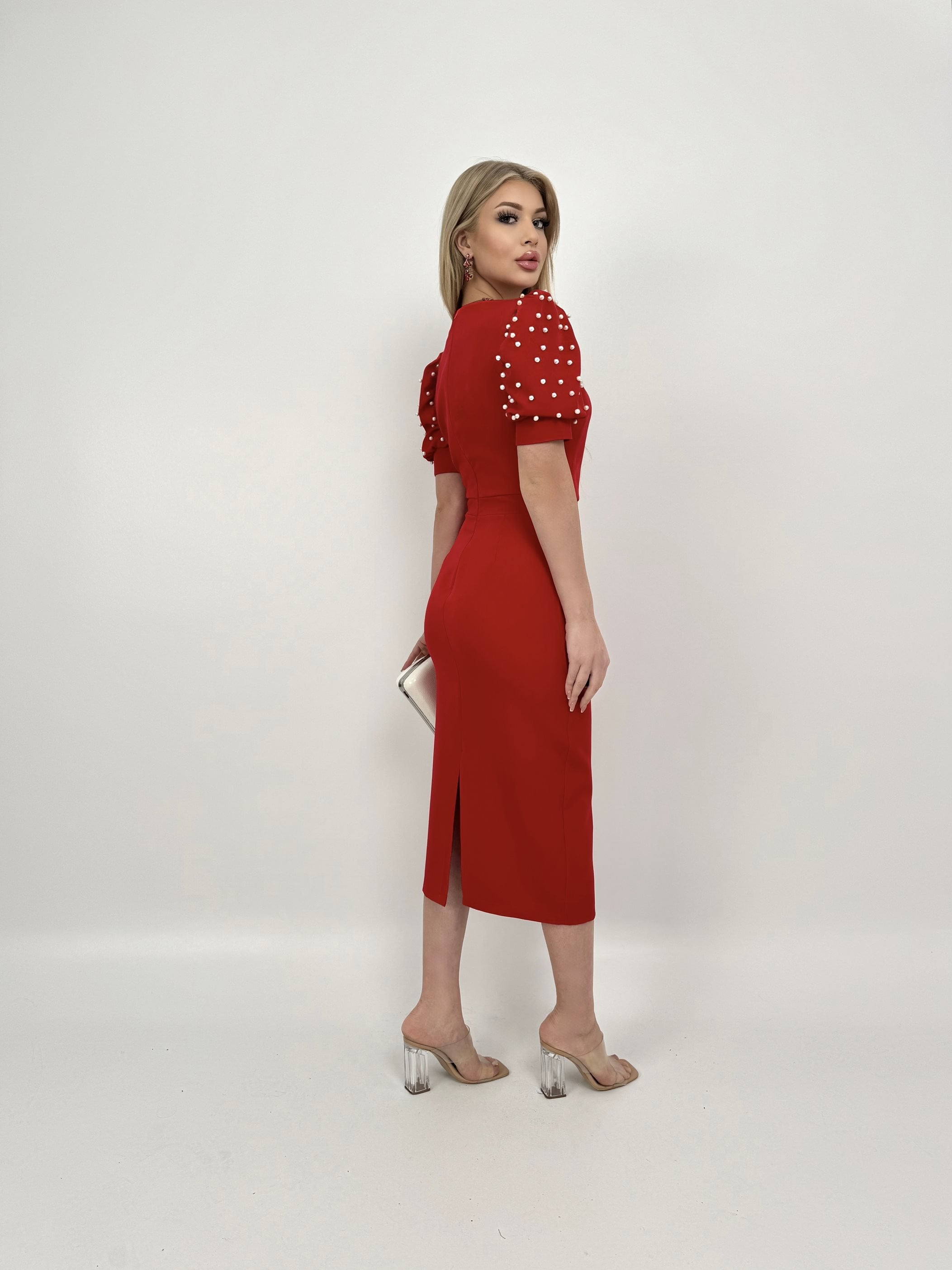 4027 Pearl-Embellished Puff Sleeve Midi Dress