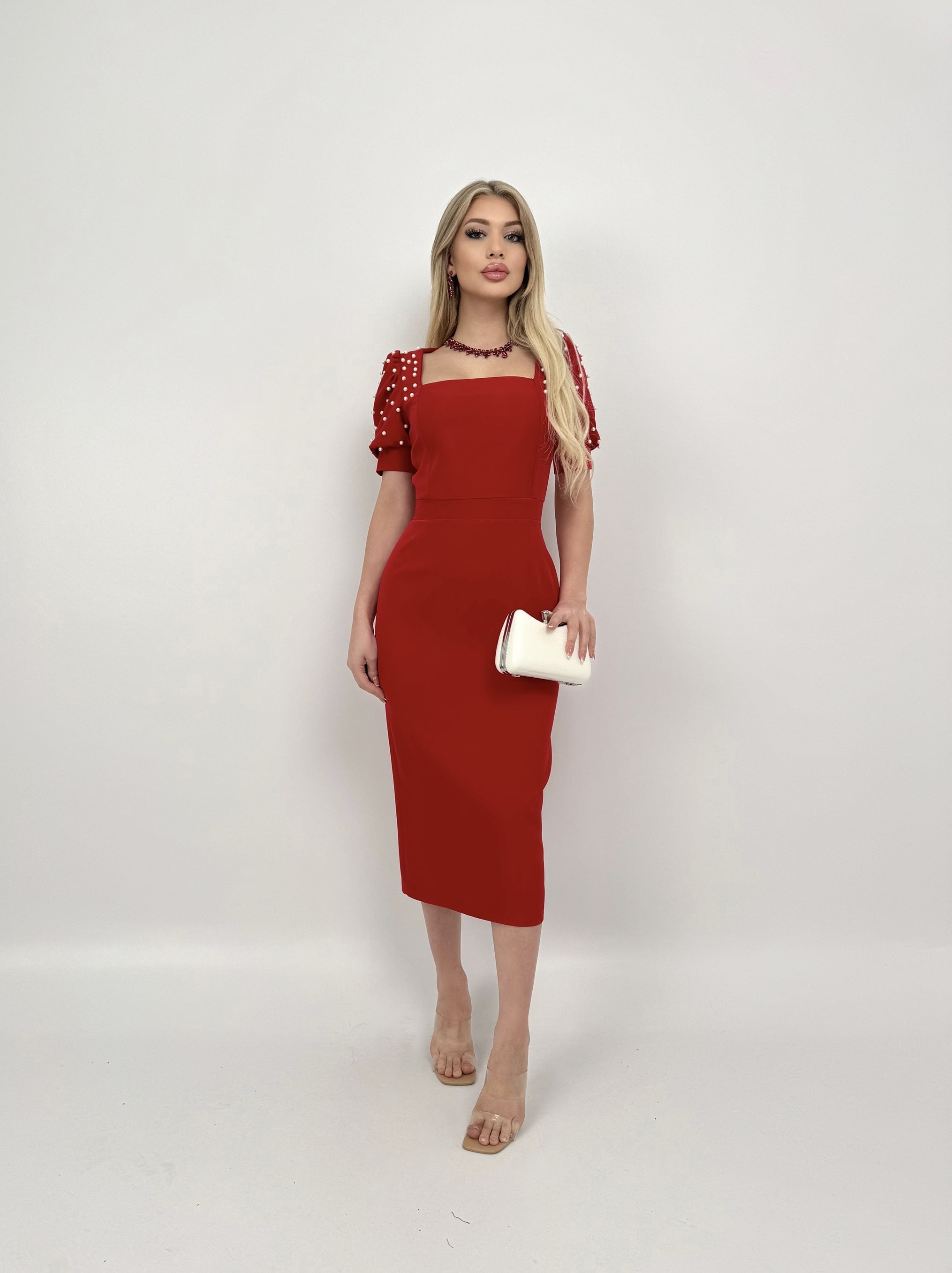 4027 Pearl-Embellished Puff Sleeve Midi Dress