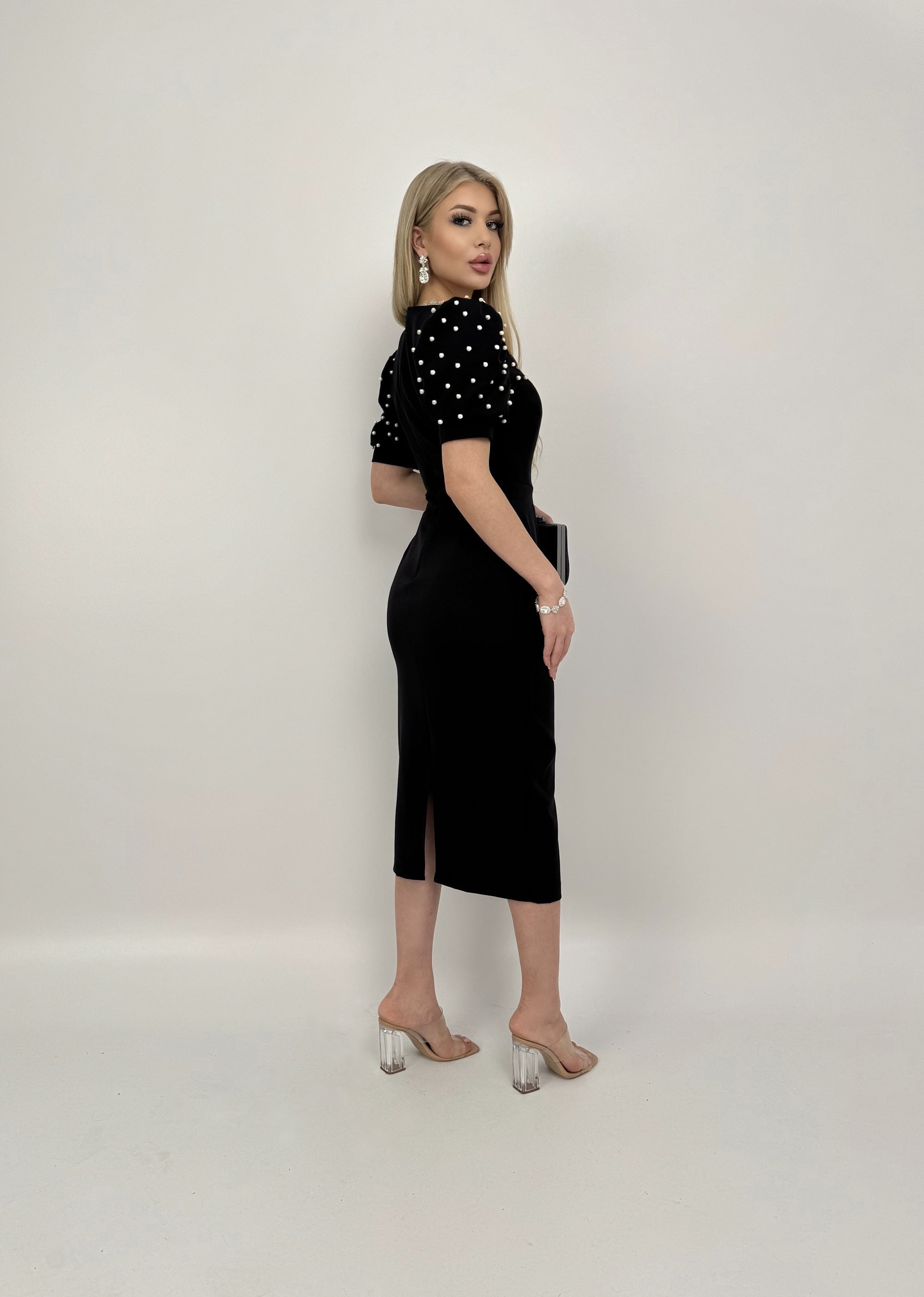 4027 Pearl-Embellished Puff Sleeve Midi Dress