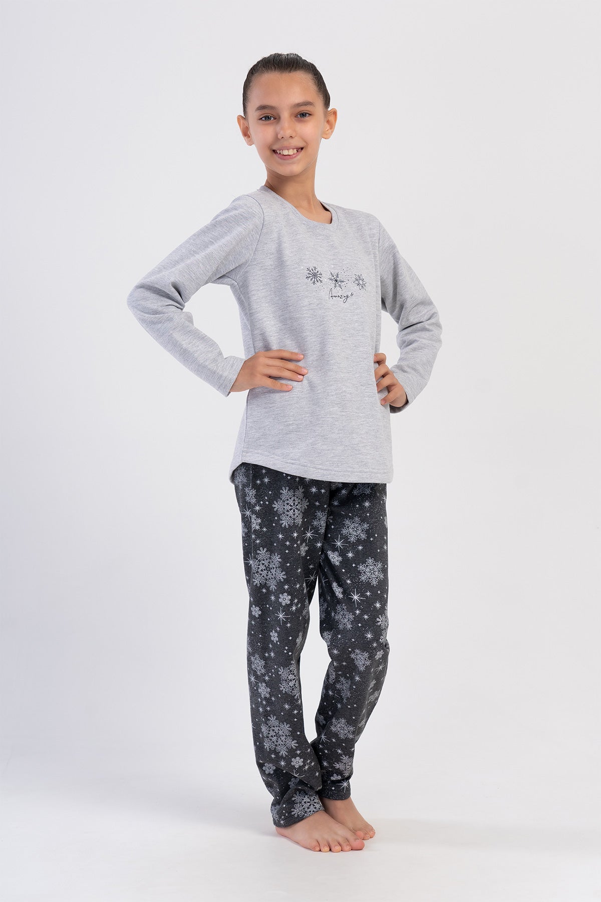 KIZ COCUK 2IPLIK MANSETLI O YAKA UZUN KOL ETEGI OVAL PIJAMA TAKIM(7-8/13-14) - GRAY MELANGE